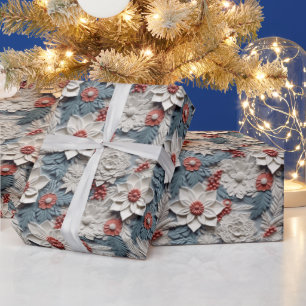 Mooie witte en blauwe 3D Poinsettias Cadeaupapier