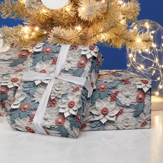 Mooie witte en blauwe 3D Poinsettias Cadeaupapier (Feestdagen)