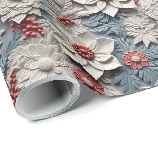 Mooie witte en blauwe 3D Poinsettias Cadeaupapier (Rol Hoek)