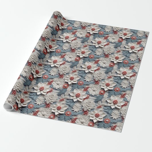 Mooie witte en blauwe 3D Poinsettias Cadeaupapier (Uitgerold)