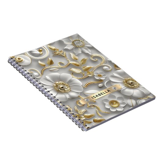 Mooie witte en gouden 3D bloem aangepaste naam Notitieboek (Rechterzijde)