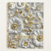 Mooie witte en gouden 3D bloem aangepaste naam Planner (Voorkant)