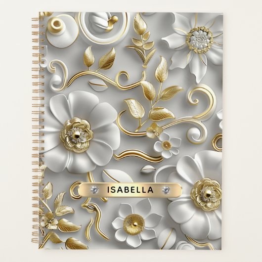 Mooie witte en gouden 3D bloem aangepaste naam Planner (Voorkant)