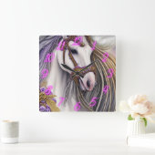 Mooie witte en Paarse paarden met neonnummers Vierkante Klok (Huis)