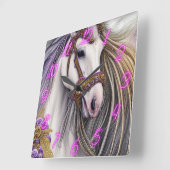 Mooie witte en Paarse paarden met neonnummers Vierkante Klok (Hoek)