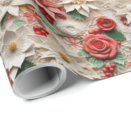 Mooie witte en rode 3D Poinsettias Cadeaupapier (Rol Hoek)