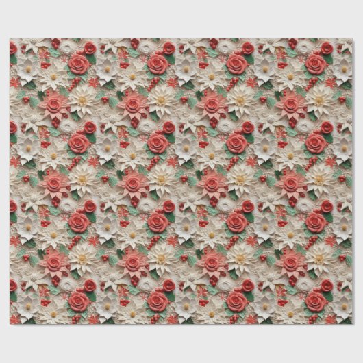 Mooie witte en rode 3D Poinsettias Cadeaupapier (Vlak)