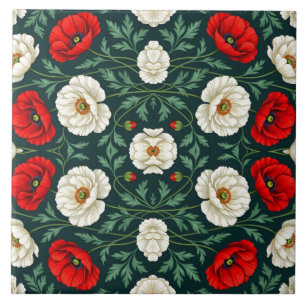 Mooie witte en rode klaproos bloemen bloempatroon tegeltje