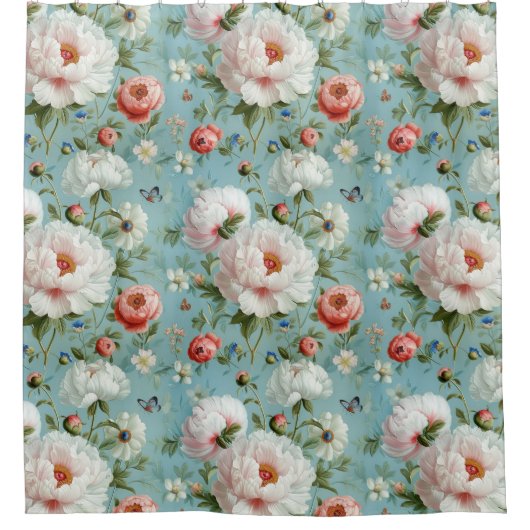 Mooie witte en rode pioenen douchegordijn (Voorkant)