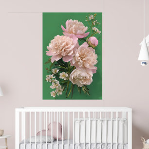 Mooie witte en roze pioenrozen op een groene achte poster