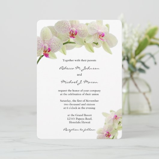 Mooie witte en warme roze orchideeën bruiloft kaart (Staand voorkant)