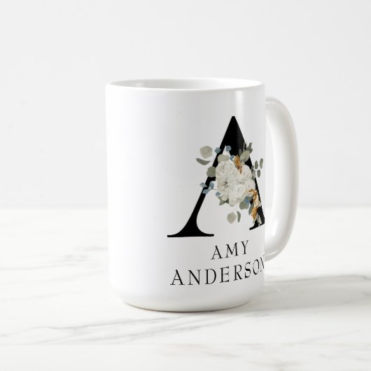 Mooie witte Floral Gold Accepten Monogram A Koffiemok (Voorkant rechts)