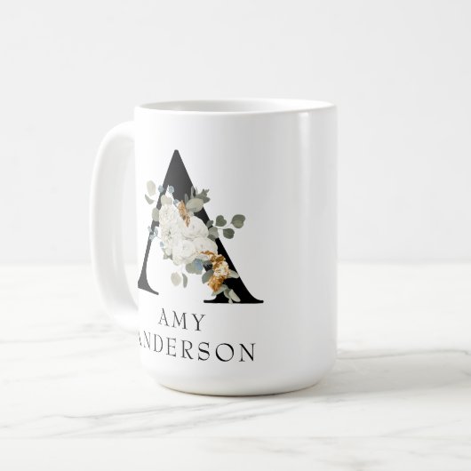 Mooie witte Floral Gold Accepten Monogram A Koffiemok (Voorkant links)