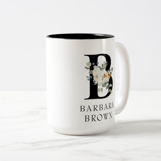 Mooie witte Floral Gold Accepten Monogram B Tweekleurige Koffiemok (Voorkant rechts)