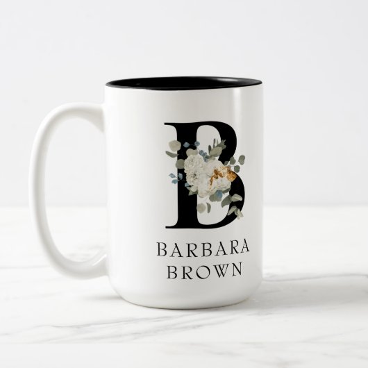 Mooie witte Floral Gold Accepten Monogram B Tweekleurige Koffiemok (Links)