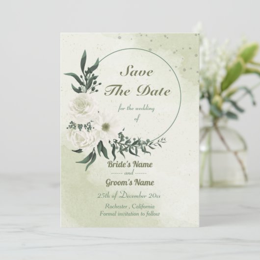 mooie witte florale kreet save the date (Staand voorkant)