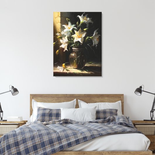 Mooie witte gelies in Vase Fine Art Canvas Afdruk (Insitu (Slaapkamer))