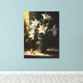 Mooie witte gelies in Vase Fine Art Canvas Afdruk (Insitu (Houten vloer))