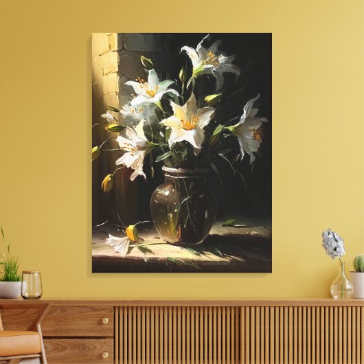 Mooie witte gelies in Vase Fine Art Canvas Afdruk (Insitu (Woonkamer))