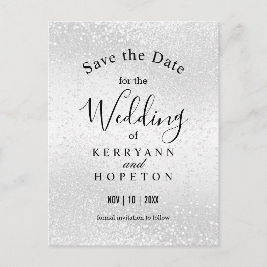 Mooie witte glitter - bespaar de datum aankondigingskaart (Voorkant)