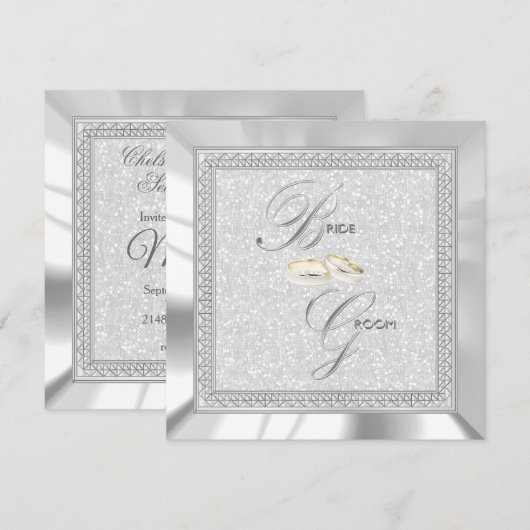 Mooie witte glitter, satijn en zilveren bruiloft kaart (Voorkant / Achterkant)