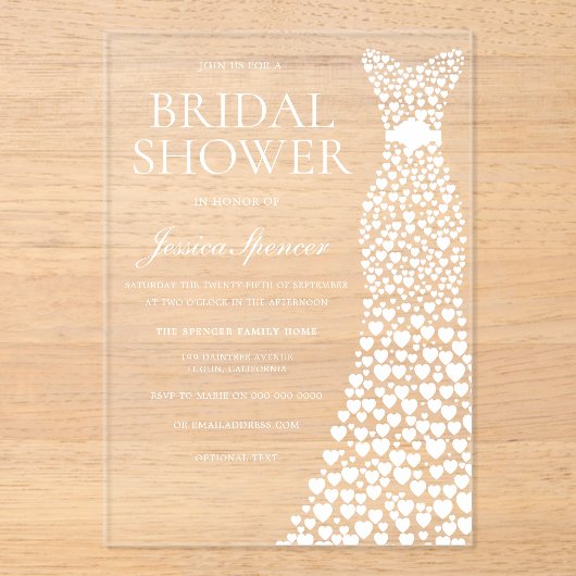 Mooie witte hart jurk Vrijgezellenfeest Acryl Uitnodigingen (Voorkant)