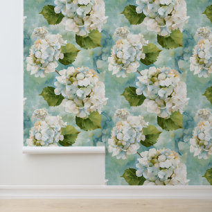 Mooie witte hortensia op blauw behang