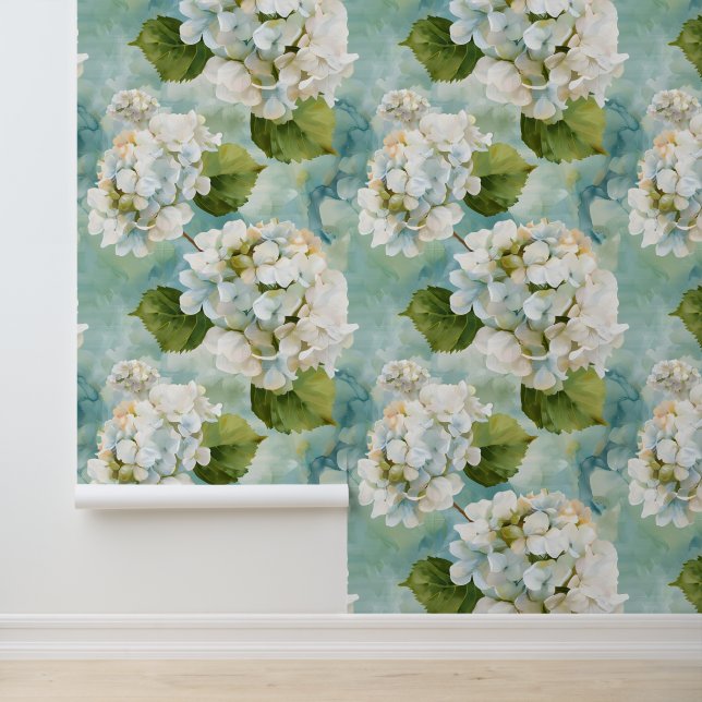 Mooie witte hortensia op blauw behang (Applicatie)