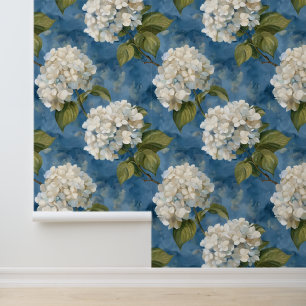 Mooie witte hortensia op blauw behang