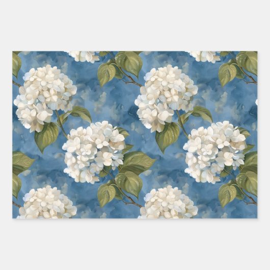 Mooie witte hortensia op blauw inpakpapier vel (Voorkant 3)
