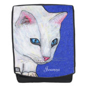 Mooie witte kat die trillende blauwe ogen schilder rugtassen (Voorkant)