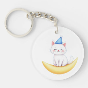 Mooie Witte Kitten op Maan Acrylsleutelhanger Sleutelhanger
