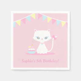 Mooie Witte Kitty Kat Verjaardagsfeestje Papieren  Servet