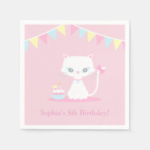 Mooie Witte Kitty Kat Verjaardagsfeestje Papieren  Servet