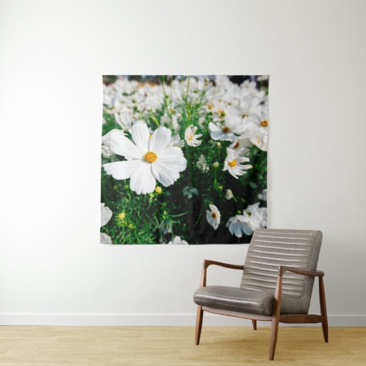 Mooie witte kosmos bloemen bloeien in tuinschildpa wandkleed (In situ)