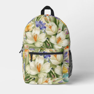Mooie witte krokussen, Сkleurrijke lentebloemen Bedrukte Rugzak