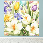 Mooie witte krokussen, Сkleurrijke lentebloemen Canvas Afdruk (Insitu (Houten vloer))