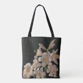Mooie witte lelies op zwart stijlvol tote bag (Achterkant)