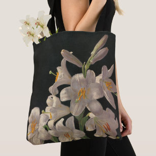 Mooie  witte lelies op zwart stijlvol tote bag