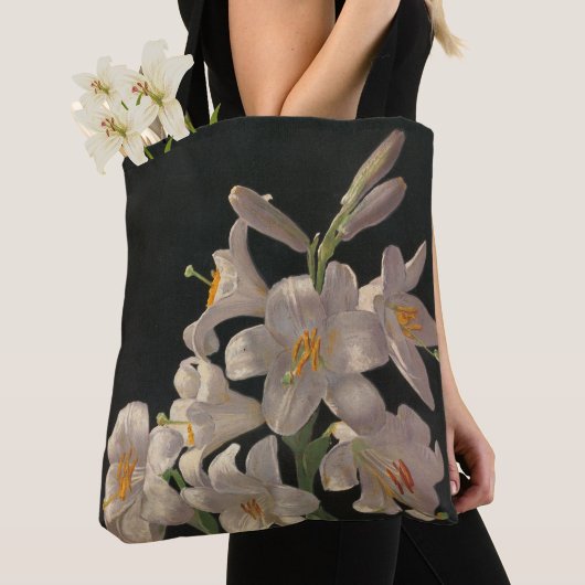 Mooie witte lelies op zwart stijlvol tote bag