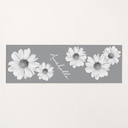 Mooie witte madeliefjes op grijs en jouw naam yogamat (Voorkant (horizontaal))