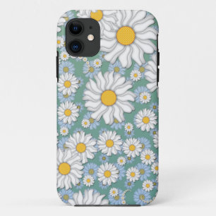 Mooie Witte Madeliefjes op Stof Blauwgroen Groen iPhone 11 Hoesje