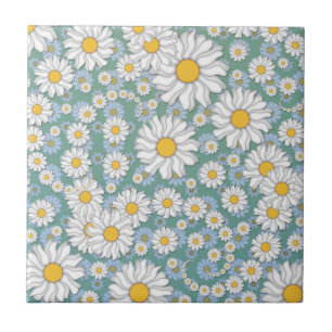 Mooie Witte Madeliefjes op Stof Blauwgroen Groen Tegeltje