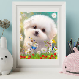 Mooie witte Maltezer puppy hond in bloementuin kun Poster