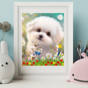 Mooie witte Maltezer puppy hond in bloementuin kun Poster
