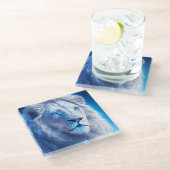 Mooie witte mystieke leeuw met blauwe ogen glazen onderzetter (Schuin)