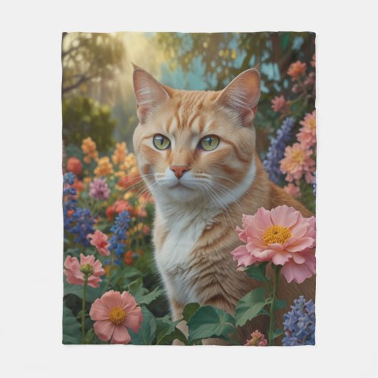 Mooie witte oranje kat in bloementuin fleece deken (Voorkant)