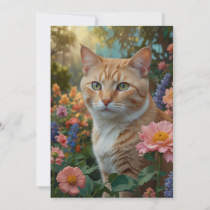 Mooie witte oranje kat in bloementuin kaart