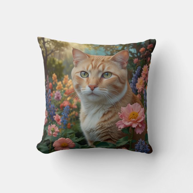 Mooie witte oranje kat in bloementuin kussen (Voorkant)