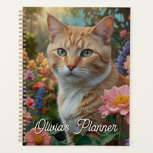 Mooie witte oranje kat in bloementuin planner (Voorkant)